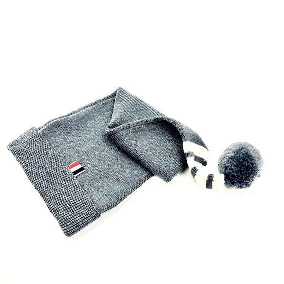 THOM BROWNE Grey Striped Stocking Beanie with Pouf Ball - Picture 5 of 10